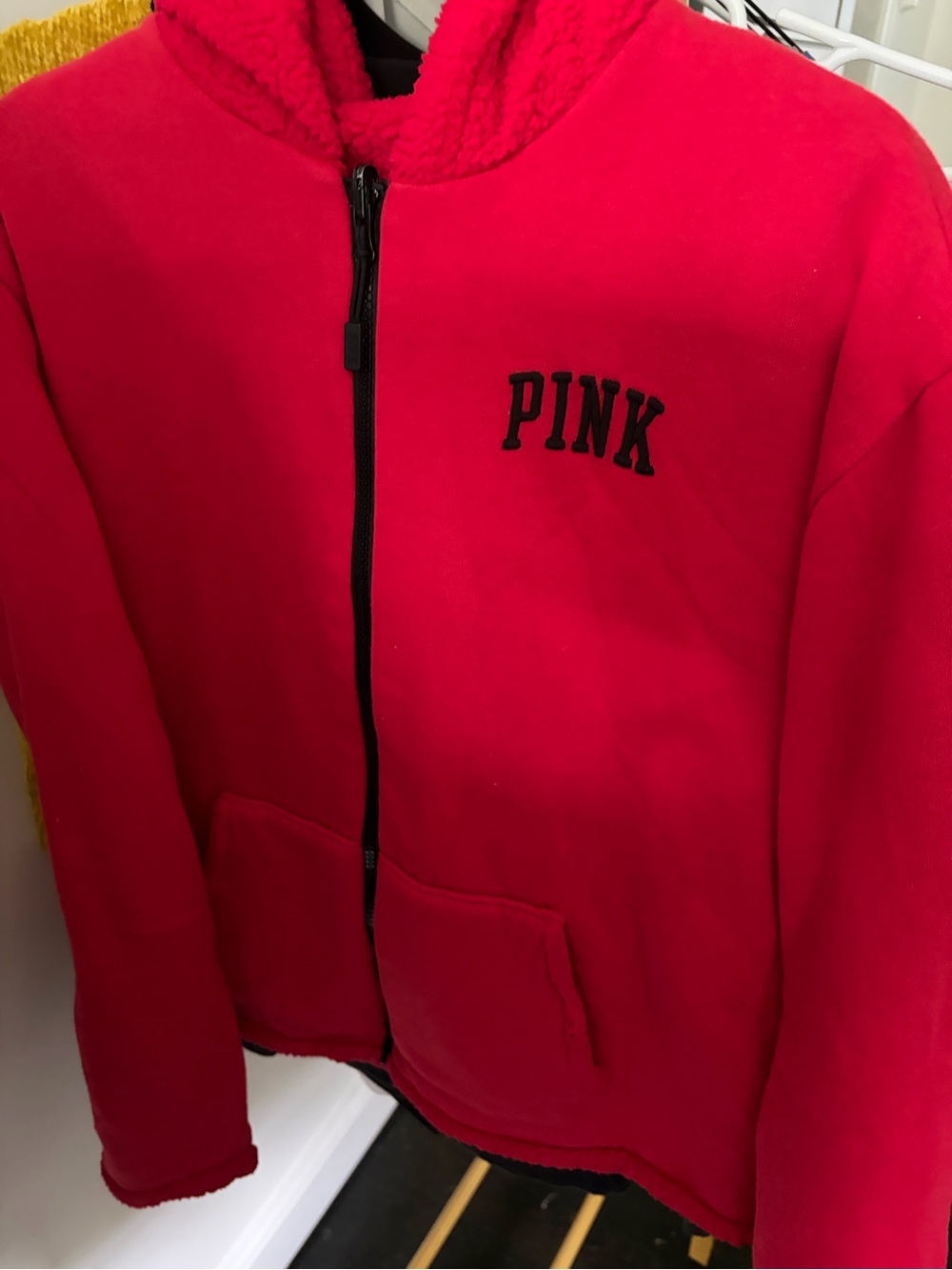PINK Victoria's Secret Bright Red Sherpa-Lined Zip Hoodie -fleece inside warm!